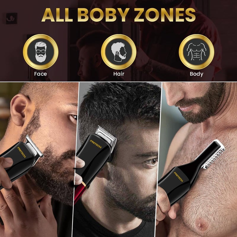 pritech Beard Trimmer for Men,6 in 1 Hair Clippers Kit, Precision Cordless Grooming Kit Waterproof IPX6 for Beard, Hair, Body, Nose, Ear, with Foil Razor (Red) - Image 2